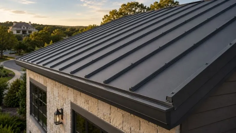 Exposed-fastener metal panel roof on a prairie farmhouse at sunset