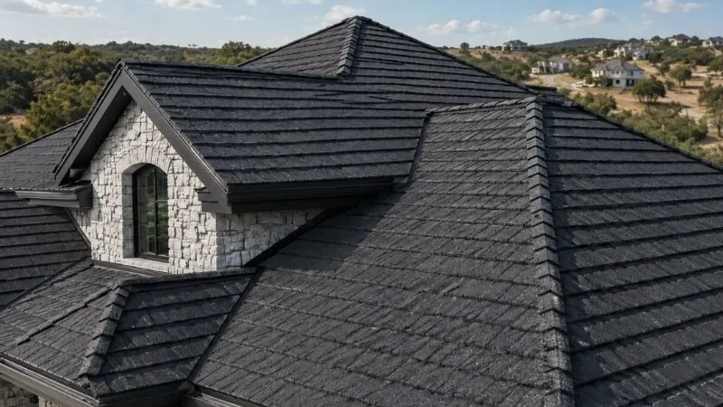 Stone-coated steel roof with a shingle look on a Central Texas suburban home
